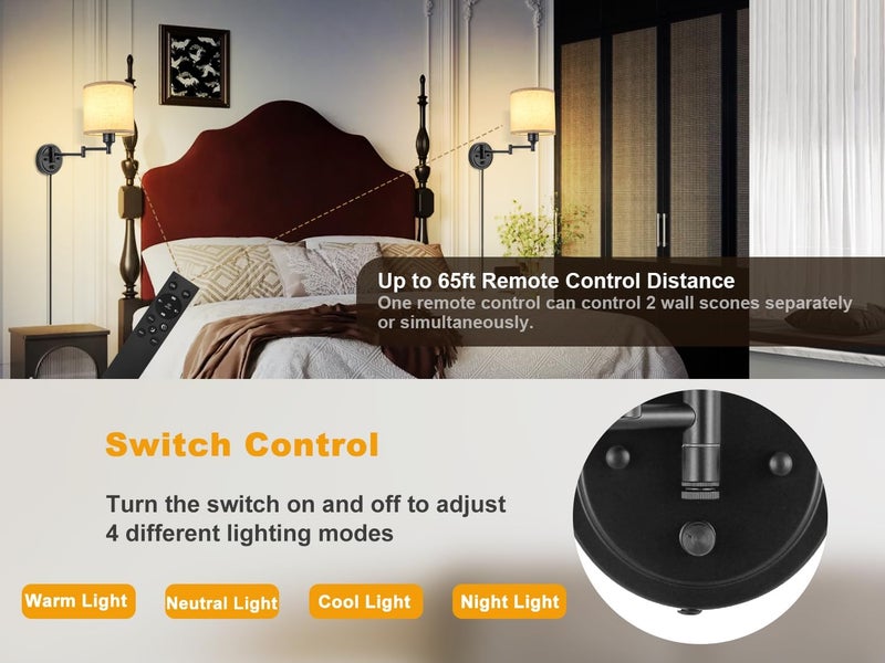 GOODATE Plug in Wall Sconces with Remote Control, Dimming 10%-100% & Adjustable Colors 2700K-6500K, Hardwire or Plug-in, Swing Arm Wall Lamp with Linen Fabric Shade, Wall Sconces Set of Two, Black Finish - Image 3